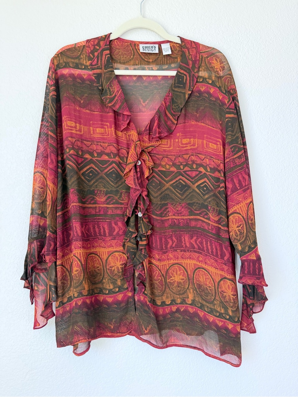 Vintage Chico’s Design Sheer Rayon Ruffle Boho Blouse Size 3 XL